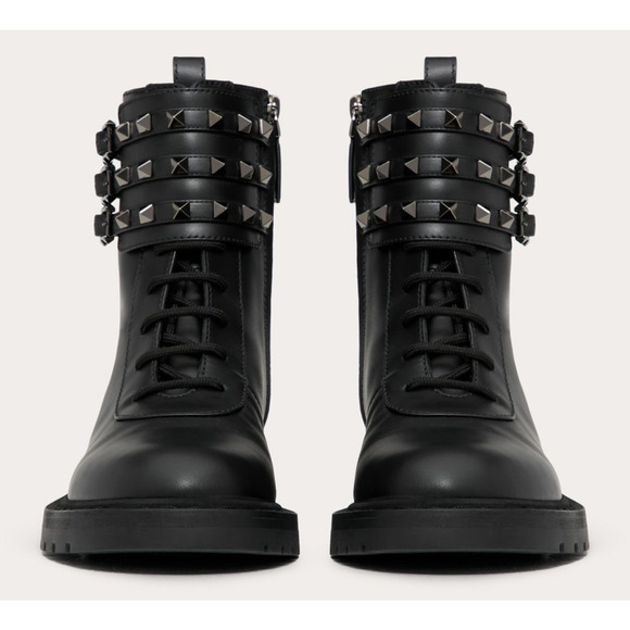 Valentino Rockstud Combat 20 Black Leather Stud Short Biker Ankle Flat Boot 36.5 - Picture 6 of 12